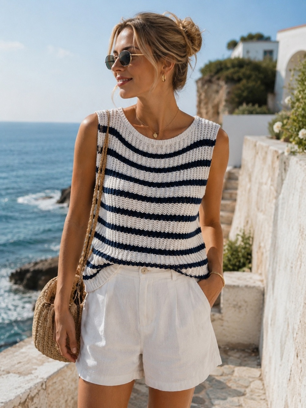 Abercrombie & Fitch Sleeveless Sweater Blue & White Knit Size XL
